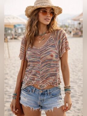 Boho Retro Style Multicolor Lightweight Knit Sweater Top | Medium